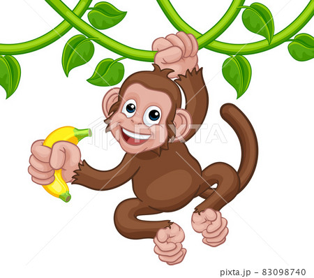 Monkey Singing On Jungle Vines With Banana Cartoon 83098740