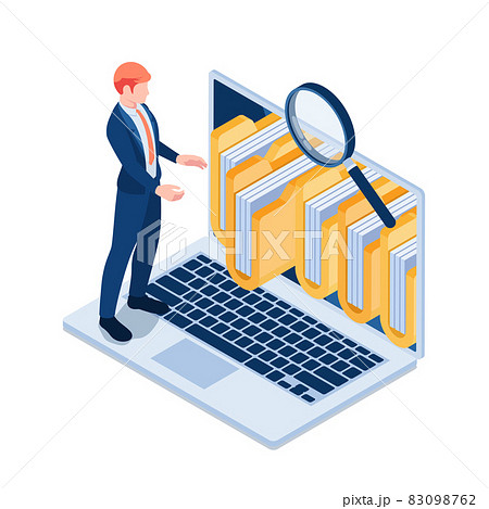 Isometric Businessman Manage Folders and Files on Laptop Screen 83098762