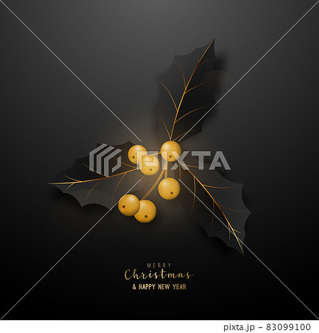 Realistic black twig of holly with leaves and gold berries. Realistic black twig of holly with leaves and gold berries. 83099100