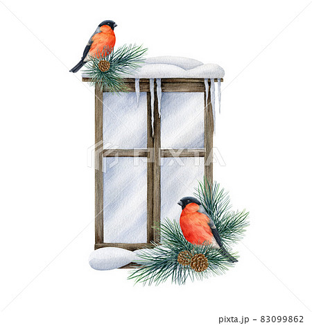 Winter snowy window with bullfinches couple. Watercolor illustration. Hand drawn festive decoration. Cold season decoration with bullfinch, pine branches, snow. Vintage cozy window decor 83099862