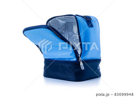 Blue bag. Camping freezer, cooler box for cold lunch food isolated on white background. Blue bag for travel, picnic. Blue bag. Camping freezer, cooler box for cold lunch food isolated on white background. Blue bag for travel, picnic. 83099948