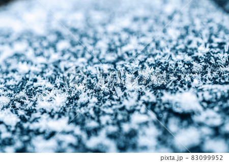 Frosting macro. Cold snow winter background. Blue crystal frozen abstract pattern. White frost ice texture. 83099952