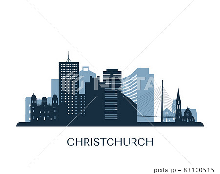 Christchurch skyline, monochrome silhouette. Christchurch skyline, monochrome silhouette. 83100515