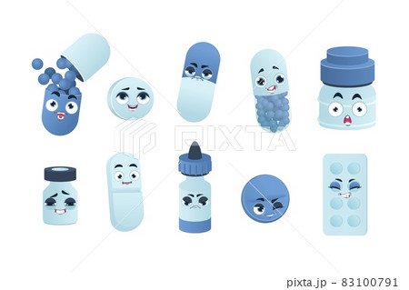 Pills characters. Cartoon medicine drugs and funny vitamins mascots. Cute medical heroes. Emoticon stickers for kids capsules with happy or sad face expressions. Vector medicaments set 83100791