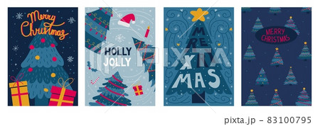 Christmas tree posters. Holiday party invitation and greeting card with doodle drawing of New Year fir. Decorated spruce and presents. Festive banners. Vector Merry Xmas postcards set Christmas tree posters. Holiday party invitation and greeting card with doodle drawing of New Year fir. Decorated spruce and presents. Festive banners. Vector Merry Xmas postcards set 83100795