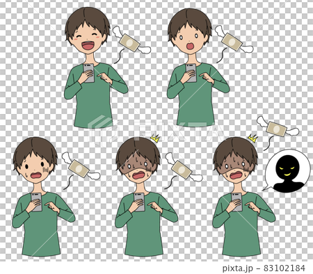 A material set of flying money with a man who operates a smartphone that is smiling, pale or confused A material set of flying money with a man who operates a smartphone that is smiling, pale or confused 83102184