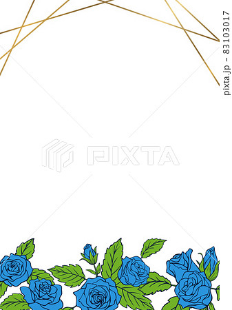 青い薔薇の花を装飾したデザインのフレーム　テンプレート素材　金色の線 83103017