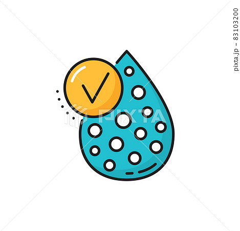 Liquid drop ok sign, serum oil, biofuel droplet isolated. Vector genetics chemistry, biotechnology emblem of liquid, check approved sign. Skincare corpuscle droplet, normal biofuel, clean water splash 83103200