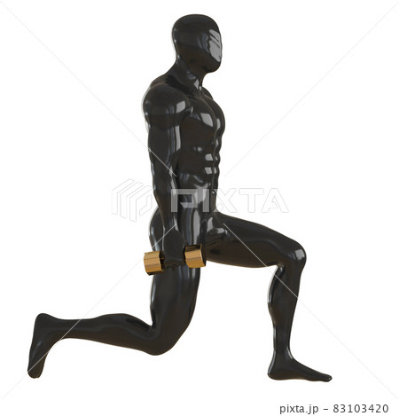 Black male muscular mannequin with golden dumbbells in lunge. Side view. 3d rendering Black male muscular mannequin with golden dumbbells in lunge. Side view. 3d rendering 83103420