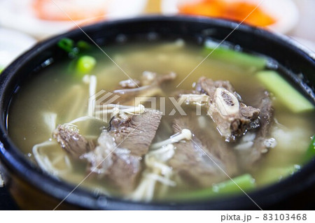 Galbitang stewed with beef ribs in an earthenware pot, Korean traditional food, Galbitang stewed with beef ribs in an earthenware pot, Korean traditional food, 83103468