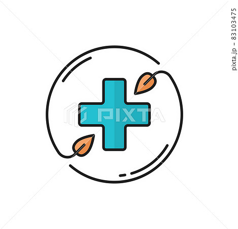 Cross in circle of herbal plants healthcare emblem isolated color line icon. Vector pharmacy hospital, medical assistance sign with leaves. Beauty and spa salon emblem, health care and massage therapy Cross in circle of herbal plants healthcare emblem isolated color line icon. Vector pharmacy hospital, medical assistance sign with leaves. Beauty and spa salon emblem, health care and massage therapy 83103475