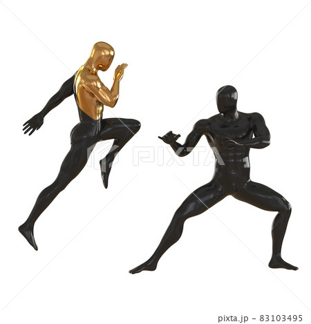 Two dummies black-gold and completely black in poses of fighters practicing techniques on a white background. 3d rendering 83103495