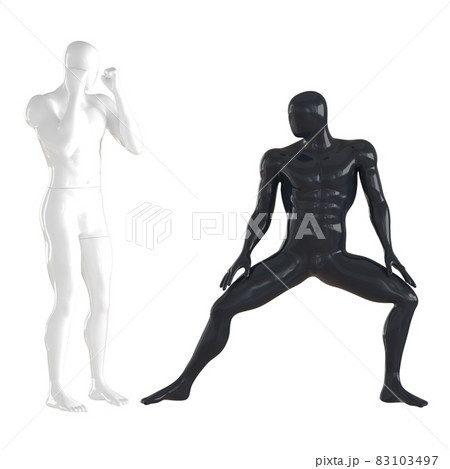 Two male faceless mannequins black and white in a pose of training fighters on an isolated background. 3d rendering Two male faceless mannequins black and white in a pose of training fighters on an isolated background. 3d rendering 83103497