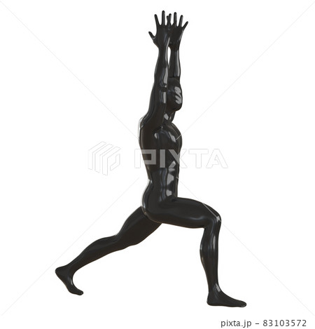 The black male glossy mannequin stands by making a lunge with his foot forward and holding his hands over his head. Yoga asana. 3d rendering The black male glossy mannequin stands by making a lunge with his foot forward and holding his hands over his head. Yoga asana. 3d rendering 83103572