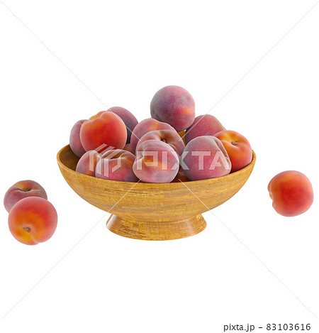 Ripe peaches lie in a wooden round vase on a white background. 3d rendering Ripe peaches lie in a wooden round vase on a white background. 3d rendering 83103616