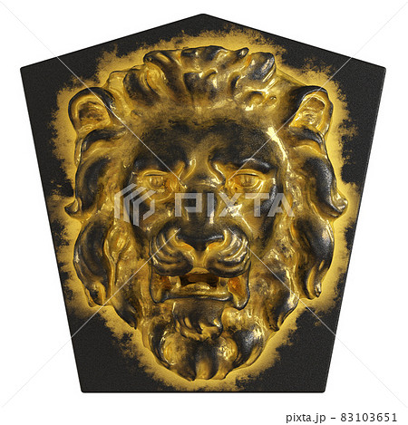 Black pentagonal slab with a basrelief lion's head in black and gold. Front view. 3d rendering 83103651