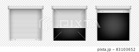 Set of roller shutter gate. Open and closed roller shutter doors. Metal industrial shutter doors for security decoration design 83103652