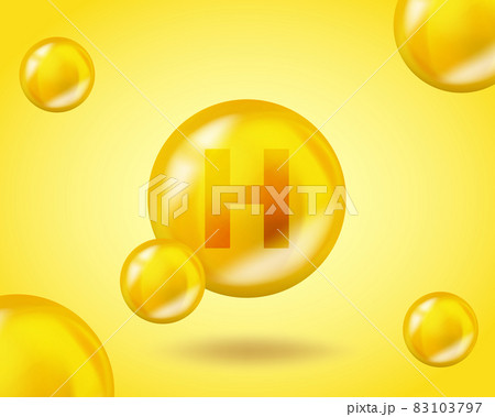 3D Vitamin drop H Biotin pill capsule. Realistic H Biotin Vitamin complex design illustration. Yellow drug nutrition design. 83103797