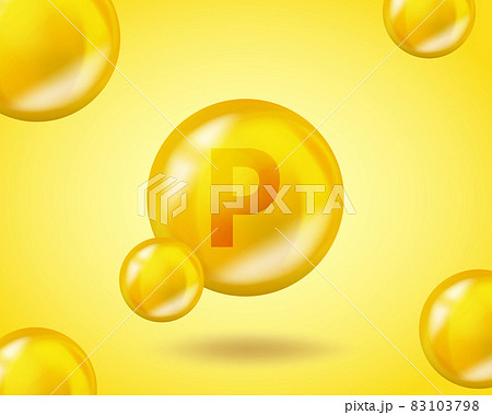 3D Vitamin drop P Flavonoid pill capsule. Realistic P Flavonoid Vitamin complex design illustration. Yellow drug nutrition design. 83103798