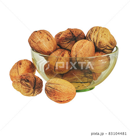Transparent vase with walnuts on an isolated background. 3d rendering Transparent vase with walnuts on an isolated background. 3d rendering 83104481