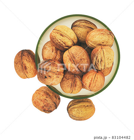 Transparent vase with walnuts on a white background. Top view. 3d rendering 83104482