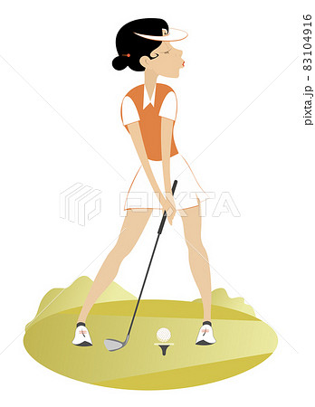 Young golfer woman on the golf course illustration. Pretty golfer woman with a golf club tries to do a good kick isolated on white 83104916