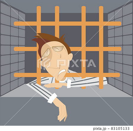 Sad prisoner stays behind bars illustration. Sad prisoner in striped clothing behind bars Sad prisoner stays behind bars illustration. Sad prisoner in striped clothing behind bars 83105133
