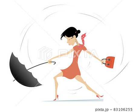 Windy day and young woman with umbrella illustration. Young woman with an umbrella and bag stays on the strong wind isolated on white 83106255