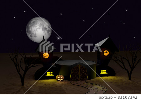Halloween 3D render of empty podium with dark castle 83107342