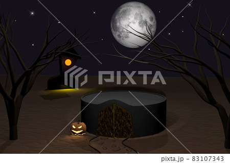 Halloween 3D render of empty podium with dark castle 83107343