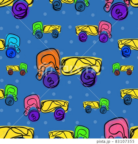 Seamless pattern of children trucks. Childs drawing delivery truck pattern. 83107355