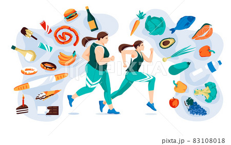 Running women with different set of healthy and fast food environment. Motivation methaphor flat vector illustration 83108018