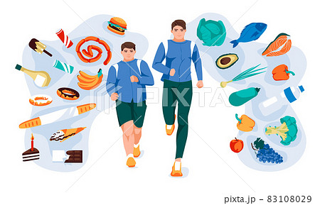 Running men with different set of healthy and fast food environment. Motivation methaphor flat vector illustration Running men with different set of healthy and fast food environment. Motivation methaphor flat vector illustration 83108029