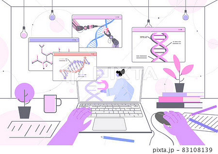 scientist analyzing DNA structure in web browser window researcher making experiment in online lab DNA testing genetic engineering scientist analyzing DNA structure in web browser window researcher making experiment in online lab DNA testing genetic engineering 83108139