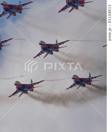 Moscow Russia Zhukovsky Airfield 31 August 2019: aerobatic team swifts MiG-29 perfoming demonstration flight of the international aerospace salon MAKS-2019 83108613