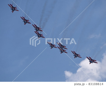 Moscow Russia Zhukovsky Airfield 31 August 2019: aerobatic team swifts MiG-29 perfoming demonstration flight of the international aerospace salon MAKS-2019 83108614