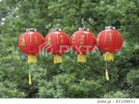 Red Lantern Chinese festival against the background of green trees and sky 83108651