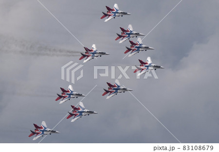 Moscow Russia Zhukovsky Airfield 25 July 2021: aerobatic team swifts MiG-29 perfoming demonstration flight of the international aerospace salon MAKS-2021 83108679