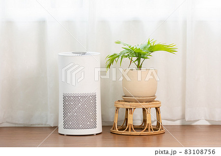 Air purifier in cozy white living room for filter and cleaning removing dust PM2.5 HEPA and virus in home,for fresh air and healthy Wellness life,Air Pollution Concept Air purifier in cozy white living room for filter and cleaning removing dust PM2.5 HEPA and virus in home,for fresh air and healthy Wellness life,Air Pollution Concept 83108756