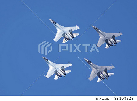 Moscow Russia Zhukovsky Airfield 25 July 2021: Aerobatic teams Falcons Of Russia on planes Su-35 of the international aerospace salon MAKS-2021 83108828