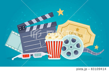 Movie poster with film reel, clapboard, popcorn and tickets. Banner for watch movies with 3d glasses. Cartoon cinema theater vector concept Movie poster with film reel, clapboard, popcorn and tickets. Banner for watch movies with 3d glasses. Cartoon cinema theater vector concept 83109414