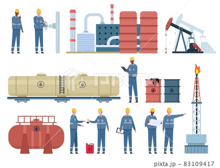 Flat oil engineer workers and gas industry buildings. Petroleum rig, refinery, fuel tanks and barrels. Oil pipeline inspection vector set 83109417