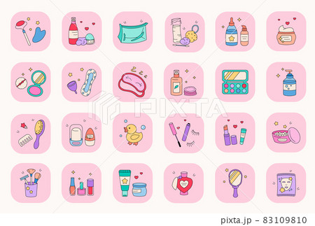 Cute cartoon beauty products icon set. Korean doodle cosmetic vector icons. Cosmetics doodle cute stuff - deodorant, mirror, cosmetic cream, beauty puff, face wash, skincare, lipstick, massage tool. 83109810