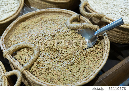 Lentil seeds in wicker basket Lentil seeds in wicker basket 83110578