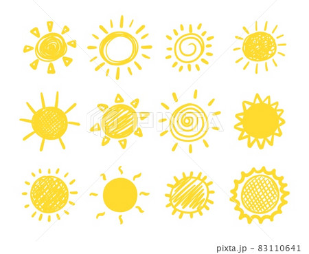Doodle sun. Hand drawn cartoon yellow sketch sunrise. Vector cute scribble sunshine elements. 83110641