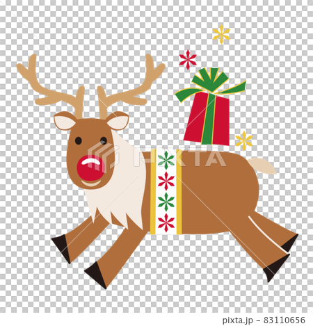 クリスマスプレゼントを背負って走る赤い鼻のトナカイのイラスト素材