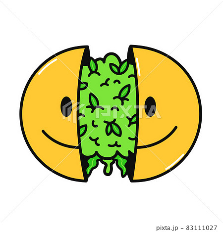 Two half of smile face with cannabis bud inside. Vector hand drawn doodle cartoon character illustration. Isolated on white background. Smile face, marijuana,weed print for t-shirt,poster,card concept 83111027