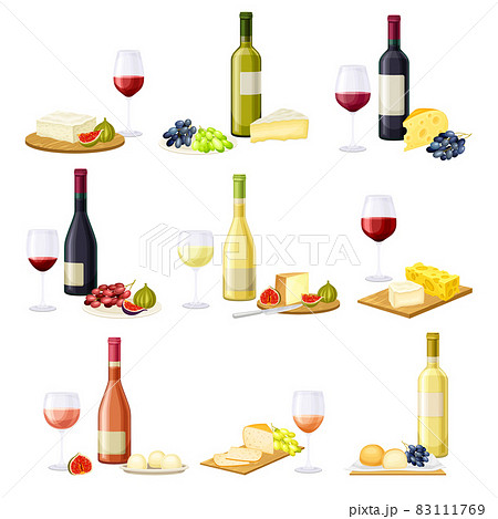 Wine Bottle and Glass with Alcoholic Drink Served with Cheese and Grapes Vector Set 83111769