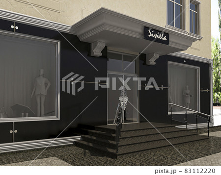 3d render of a building facade concept. The architecture of the building is in a modern classic style 3d render of a building facade concept. The architecture of the building is in a modern classic style 83112220