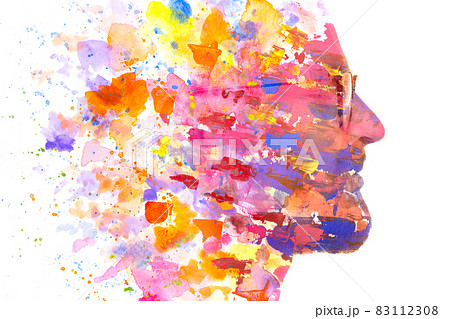 Paintography. A profile portrait of a young man with glasses combined with an abstract watercolor painting. 83112308